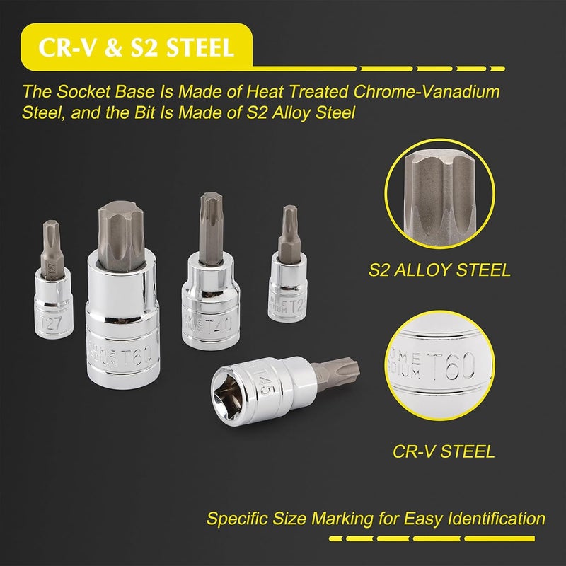 EMENTOL 14PCS Torx Bit Socket Set, CR-V, S2 Steel, 1/4", 3/8" and 1/2" Drive Star Bit Socket Set, T6 - T60 - Image 3